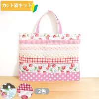 ●アウトレット サイズ変更不可●いちごのボーダー 赤/ピンク【レッスンバッグ】キルティング生地 手作りキット 作り方マニュアル付き 入園入学 手芸キット