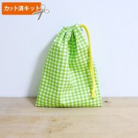 シンプルチェック グリーン＆ピンク【コップ袋】手作りキット 作り方マニュアル付き 入園入学 2025年度春 中厚手生地