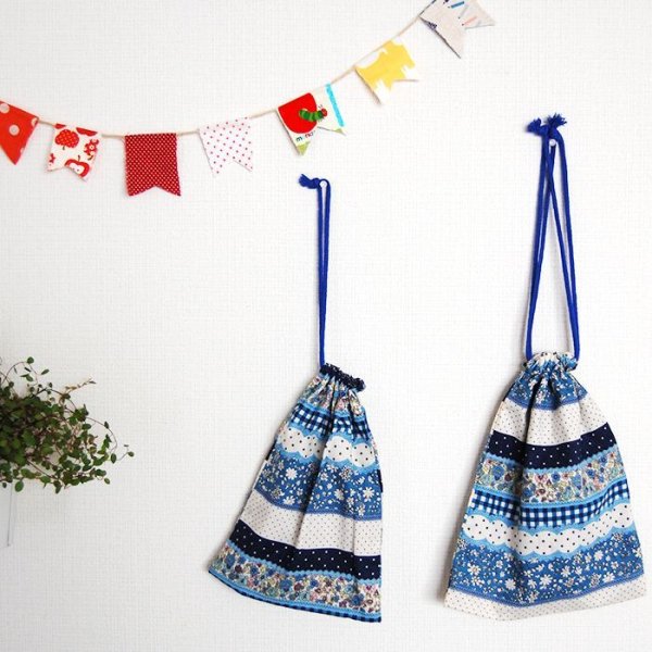 画像3: 小花のボーダー ブルー【体操服袋/ナップサック】手作りキット 作り方マニュアル付き 入園入学 2025年度春 薄手生地+裏地[u] (3)