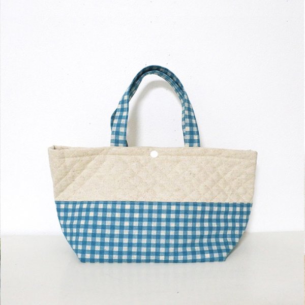 画像2: リネンと選べるチェック&ドット◎底布付【ランチバッグ/トートバッグ】手作りキット 作り方マニュアル付き 入園入学 手芸キット キルティング【L】 (2)