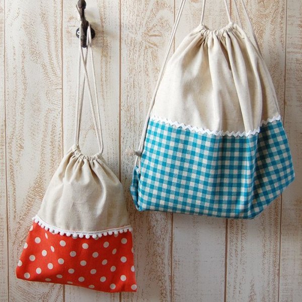 画像7: リネンと選べるチェック＆ドット◎底布付【給食袋】手作りキット 作り方マニュアル付き 入園入学 2026年度春 中厚手生地[s] (7)